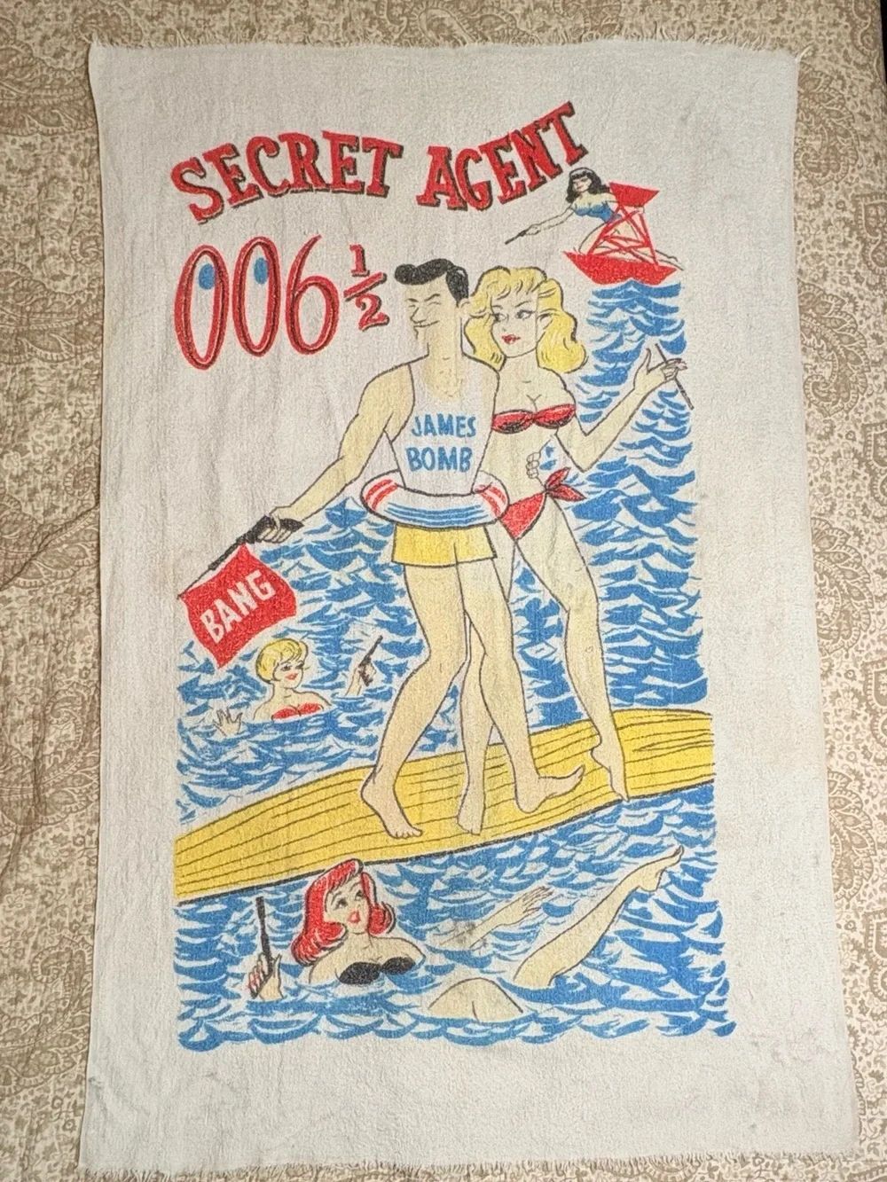 Vintage 1960s Secret Agent 006½ James Bomb Beach Towel Pin Up Novelty USA